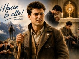 Pier Giorgio Frassati: la alegría de un joven que hizo del Evangelio una forma de vivir Ilustración inspirada en Pier Giorgio Frassati, rodeado por escenas que representan su amor por la montaña, la amistad, la Eucaristía y el servicio a las personas necesitadas.