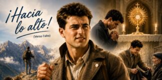 Pier Giorgio Frassati: la alegría de un joven que hizo del Evangelio una forma de vivir Ilustración inspirada en Pier Giorgio Frassati, rodeado por escenas que representan su amor por la montaña, la amistad, la Eucaristía y el servicio a las personas necesitadas.