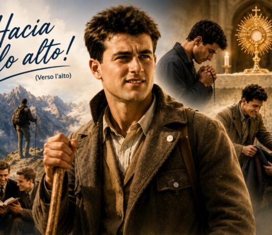 Pier Giorgio Frassati: la alegría de un joven que hizo del Evangelio una forma de vivir Ilustración inspirada en Pier Giorgio Frassati, rodeado por escenas que representan su amor por la montaña, la amistad, la Eucaristía y el servicio a las personas necesitadas.