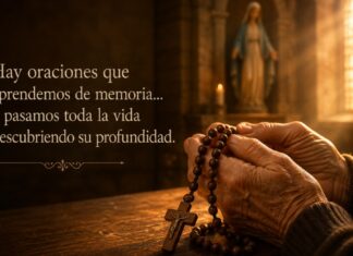 ¿Por qué rezamos el Ave María? Manos sostienen un rosario de madera dentro de una iglesia iluminada por la luz que entra por un vitral, mientras una imagen desenfocada de la Virgen María aparece al fondo.