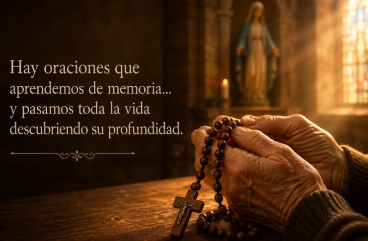 ¿Por qué rezamos el Ave María? Manos sostienen un rosario de madera dentro de una iglesia iluminada por la luz que entra por un vitral, mientras una imagen desenfocada de la Virgen María aparece al fondo.