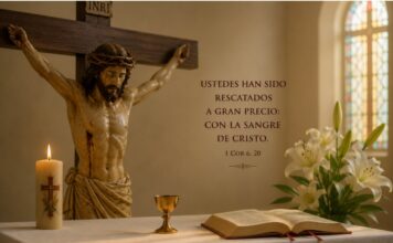 Julio y la Preciosísima Sangre de Cristo: una devoción que nos recuerda hasta dónde llega el amor de Dios Crucifijo sobre un altar con una Biblia abierta, un pequeño cáliz, un cirio encendido y lirios blancos, como representación de la devoción a la Preciosísima Sangre de Cristo durante el mes de julio.