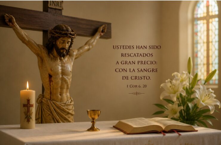 Julio y la Preciosísima Sangre de Cristo: una devoción que nos recuerda hasta dónde llega el amor de Dios Crucifijo sobre un altar con una Biblia abierta, un pequeño cáliz, un cirio encendido y lirios blancos, como representación de la devoción a la Preciosísima Sangre de Cristo durante el mes de julio.