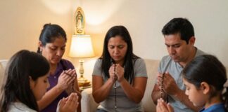 El rosario es más que una repetición; es un encuentro con Jesús Familia reunida en la sala de su casa mientras reza el rosario frente a una imagen de la Virgen María.