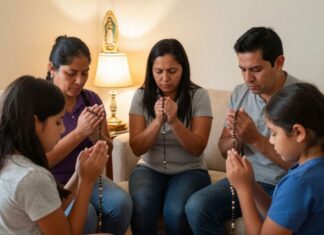 El rosario es más que una repetición; es un encuentro con Jesús Familia reunida en la sala de su casa mientras reza el rosario frente a una imagen de la Virgen María.