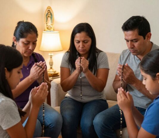 El rosario es más que una repetición; es un encuentro con Jesús Familia reunida en la sala de su casa mientras reza el rosario frente a una imagen de la Virgen María.