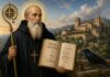 San Benito de Nursia: cuando una vida ordenada puede transformar el mundo Ilustración de San Benito de Nursia con hábito benedictino, sosteniendo la Regla de San Benito, con un monasterio al fondo y los símbolos tradicionales de su espiritualidad.