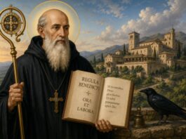 San Benito de Nursia: cuando una vida ordenada puede transformar el mundo Ilustración de San Benito de Nursia con hábito benedictino, sosteniendo la Regla de San Benito, con un monasterio al fondo y los símbolos tradicionales de su espiritualidad.