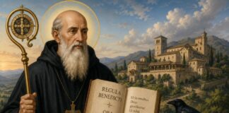 San Benito de Nursia: cuando una vida ordenada puede transformar el mundo Ilustración de San Benito de Nursia con hábito benedictino, sosteniendo la Regla de San Benito, con un monasterio al fondo y los símbolos tradicionales de su espiritualidad.