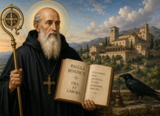 San Benito de Nursia: cuando una vida ordenada puede transformar el mundo Ilustración de San Benito de Nursia con hábito benedictino, sosteniendo la Regla de San Benito, con un monasterio al fondo y los símbolos tradicionales de su espiritualidad.
