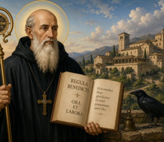 San Benito de Nursia: cuando una vida ordenada puede transformar el mundo Ilustración de San Benito de Nursia con hábito benedictino, sosteniendo la Regla de San Benito, con un monasterio al fondo y los símbolos tradicionales de su espiritualidad.