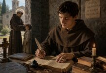 San Buenaventura: el santo que enseñó que la inteligencia necesita caminar de la mano con la fe Ilustración artística de San Buenaventura escribiendo un manuscrito en un monasterio medieval, mientras al fondo se evoca la tradición de su encuentro con San Francisco de Asís durante su infancia.