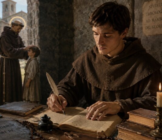 San Buenaventura: el santo que enseñó que la inteligencia necesita caminar de la mano con la fe Ilustración artística de San Buenaventura escribiendo un manuscrito en un monasterio medieval, mientras al fondo se evoca la tradición de su encuentro con San Francisco de Asís durante su infancia.