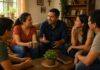 Cuéntales lo que el Señor ha hecho contigo Grupo de personas conversando en un ambiente familiar mientras uno de ellos comparte su experiencia con los demás.