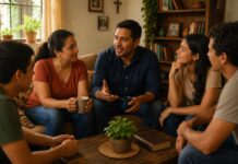 Cuéntales lo que el Señor ha hecho contigo Grupo de personas conversando en un ambiente familiar mientras uno de ellos comparte su experiencia con los demás.
