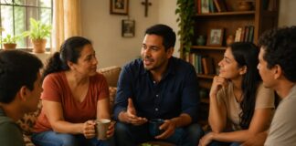 Cuéntales lo que el Señor ha hecho contigo Grupo de personas conversando en un ambiente familiar mientras uno de ellos comparte su experiencia con los demás.