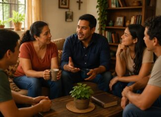 Cuéntales lo que el Señor ha hecho contigo Grupo de personas conversando en un ambiente familiar mientras uno de ellos comparte su experiencia con los demás.