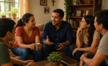 Cuéntales lo que el Señor ha hecho contigo Grupo de personas conversando en un ambiente familiar mientras uno de ellos comparte su experiencia con los demás.