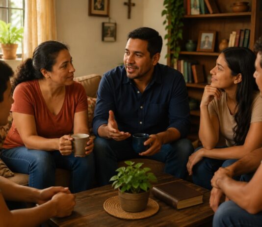 Cuéntales lo que el Señor ha hecho contigo Grupo de personas conversando en un ambiente familiar mientras uno de ellos comparte su experiencia con los demás.
