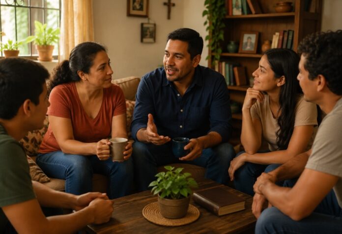 Testimonio compartido con amigos Grupo de personas conversando en un ambiente familiar mientras uno de ellos comparte su experiencia con los demás.