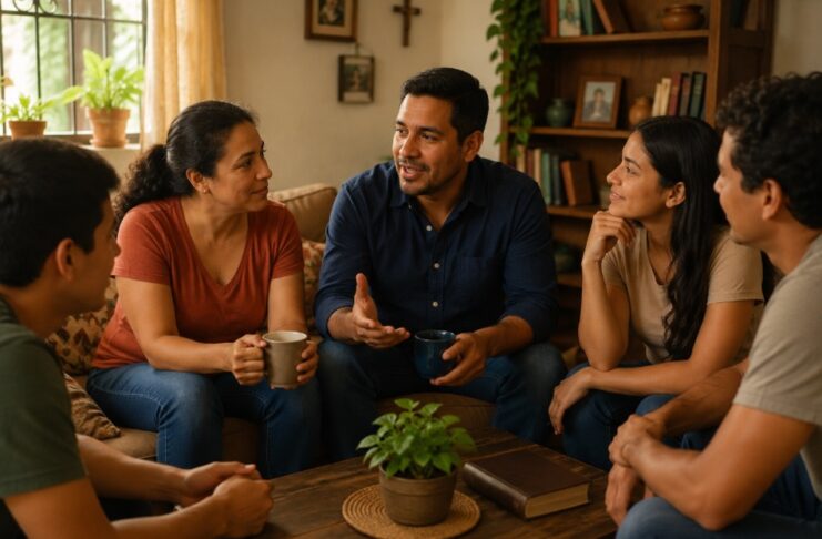 Cuéntales lo que el Señor ha hecho contigo Grupo de personas conversando en un ambiente familiar mientras uno de ellos comparte su experiencia con los demás.