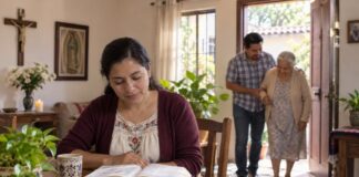 Amar a Dios sobre todas las cosas: ¿cómo se cumple el primer mandamiento? Mujer lee una Biblia en una mesa mientras, al fondo, un hombre ayuda a caminar a una adulta mayor en un hogar con símbolos católicos.