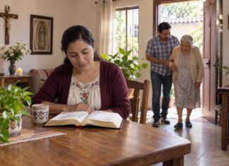 Amar a Dios sobre todas las cosas: ¿cómo se cumple el primer mandamiento? Mujer lee una Biblia en una mesa mientras, al fondo, un hombre ayuda a caminar a una adulta mayor en un hogar con símbolos católicos.