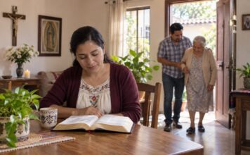 Amar a Dios sobre todas las cosas: ¿cómo se cumple el primer mandamiento? Mujer lee una Biblia en una mesa mientras, al fondo, un hombre ayuda a caminar a una adulta mayor en un hogar con símbolos católicos.