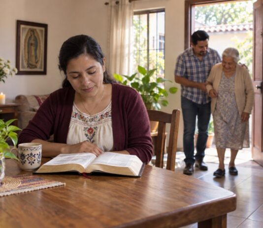 Amar a Dios sobre todas las cosas: ¿cómo se cumple el primer mandamiento? Mujer lee una Biblia en una mesa mientras, al fondo, un hombre ayuda a caminar a una adulta mayor en un hogar con símbolos católicos.