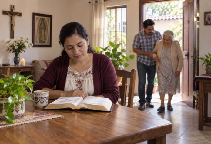 Mujer lee una Biblia en una mesa mientras, al fondo, un hombre ayuda a caminar a una adulta mayor en un hogar con símbolos católicos.