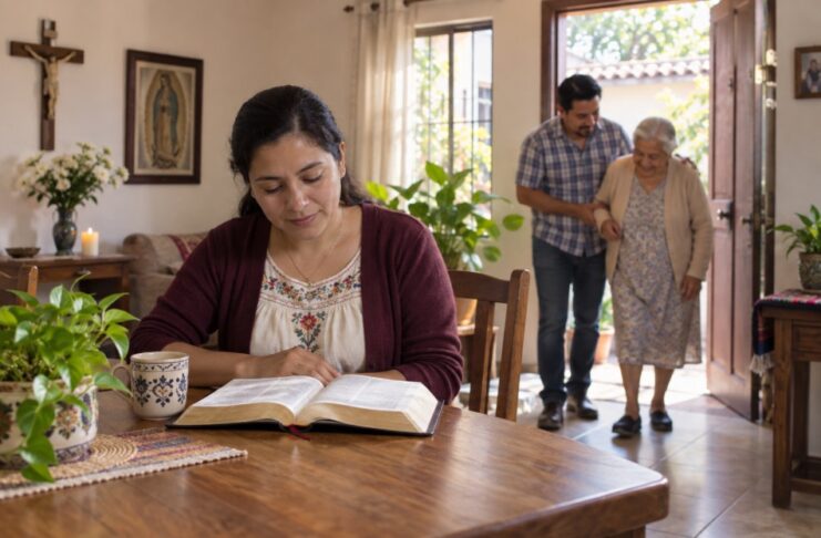 Amar a Dios sobre todas las cosas: ¿cómo se cumple el primer mandamiento? Mujer lee una Biblia en una mesa mientras, al fondo, un hombre ayuda a caminar a una adulta mayor en un hogar con símbolos católicos.