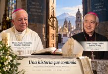 Puebla recibe a monseñor Jorge Carlos Patrón Wong: un nuevo arzobispo con experiencia al servicio de la Iglesia universal Composición de los arzobispos Víctor Valentín Sánchez Espinosa y Jorge Carlos Patrón Wong, con elementos litúrgicos y la Catedral de Puebla al fondo, bajo la frase «Una historia que continúa».