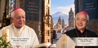 Puebla recibe a monseñor Jorge Carlos Patrón Wong: un nuevo arzobispo con experiencia al servicio de la Iglesia universal Composición de los arzobispos Víctor Valentín Sánchez Espinosa y Jorge Carlos Patrón Wong, con elementos litúrgicos y la Catedral de Puebla al fondo, bajo la frase «Una historia que continúa».