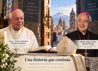 Puebla recibe a monseñor Jorge Carlos Patrón Wong: un nuevo arzobispo con experiencia al servicio de la Iglesia universal Composición de los arzobispos Víctor Valentín Sánchez Espinosa y Jorge Carlos Patrón Wong, con elementos litúrgicos y la Catedral de Puebla al fondo, bajo la frase «Una historia que continúa».