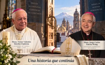 Puebla recibe a monseñor Jorge Carlos Patrón Wong: un nuevo arzobispo con experiencia al servicio de la Iglesia universal Composición de los arzobispos Víctor Valentín Sánchez Espinosa y Jorge Carlos Patrón Wong, con elementos litúrgicos y la Catedral de Puebla al fondo, bajo la frase «Una historia que continúa».
