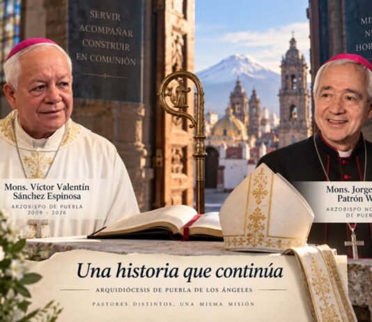 Puebla recibe a monseñor Jorge Carlos Patrón Wong: un nuevo arzobispo con experiencia al servicio de la Iglesia universal Composición de los arzobispos Víctor Valentín Sánchez Espinosa y Jorge Carlos Patrón Wong, con elementos litúrgicos y la Catedral de Puebla al fondo, bajo la frase «Una historia que continúa».