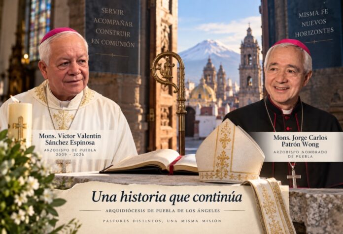 Nuevo arzobispo para Puebla Composición de los arzobispos Víctor Valentín Sánchez Espinosa y Jorge Carlos Patrón Wong, con elementos litúrgicos y la Catedral de Puebla al fondo, bajo la frase «Una historia que continúa».