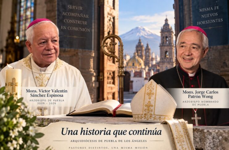 Puebla recibe a monseñor Jorge Carlos Patrón Wong: un nuevo arzobispo con experiencia al servicio de la Iglesia universal Composición de los arzobispos Víctor Valentín Sánchez Espinosa y Jorge Carlos Patrón Wong, con elementos litúrgicos y la Catedral de Puebla al fondo, bajo la frase «Una historia que continúa».