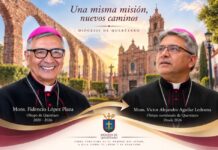 Querétaro recibe a un nuevo obispo: continuidad pastoral y nuevos desafíos para la Iglesia Composición de los obispos Fidencio López Plaza y Víctor Alejandro Aguilar Ledesma, con la Catedral de Querétaro y los arcos del acueducto al fondo, que simboliza la transición pastoral de la diócesis en 2026.