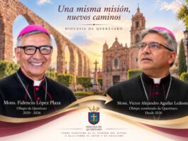Querétaro recibe a un nuevo obispo: continuidad pastoral y nuevos desafíos para la Iglesia Composición de los obispos Fidencio López Plaza y Víctor Alejandro Aguilar Ledesma, con la Catedral de Querétaro y los arcos del acueducto al fondo, que simboliza la transición pastoral de la diócesis en 2026.