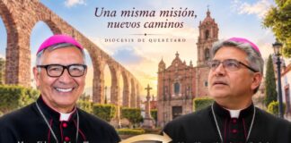Querétaro recibe a un nuevo obispo: continuidad pastoral y nuevos desafíos para la Iglesia Composición de los obispos Fidencio López Plaza y Víctor Alejandro Aguilar Ledesma, con la Catedral de Querétaro y los arcos del acueducto al fondo, que simboliza la transición pastoral de la diócesis en 2026.