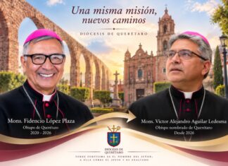 Querétaro recibe a un nuevo obispo: continuidad pastoral y nuevos desafíos para la Iglesia Composición de los obispos Fidencio López Plaza y Víctor Alejandro Aguilar Ledesma, con la Catedral de Querétaro y los arcos del acueducto al fondo, que simboliza la transición pastoral de la diócesis en 2026.