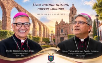 Querétaro recibe a un nuevo obispo: continuidad pastoral y nuevos desafíos para la Iglesia Composición de los obispos Fidencio López Plaza y Víctor Alejandro Aguilar Ledesma, con la Catedral de Querétaro y los arcos del acueducto al fondo, que simboliza la transición pastoral de la diócesis en 2026.