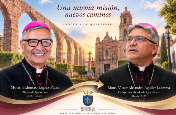 Querétaro recibe a un nuevo obispo: continuidad pastoral y nuevos desafíos para la Iglesia Composición de los obispos Fidencio López Plaza y Víctor Alejandro Aguilar Ledesma, con la Catedral de Querétaro y los arcos del acueducto al fondo, que simboliza la transición pastoral de la diócesis en 2026.
